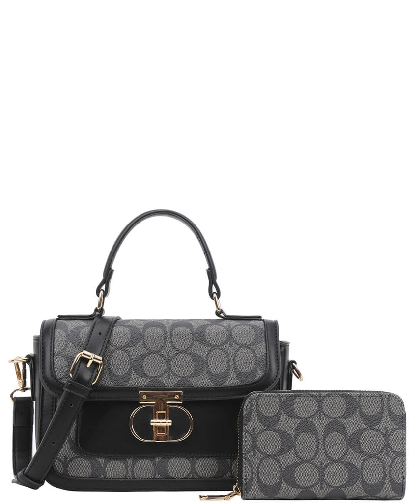 EVERY FASHION Signature Canvas Turnlock Flap Crossbody Bag with Matching Wallet 9095