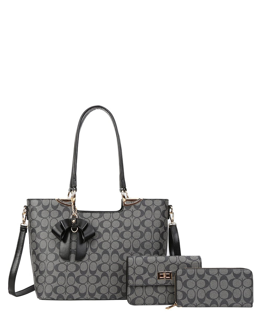 EVERY FASHION 3-Piece Tote Bag Set with Bow Charm, Crossbody, and Wallet FT-8093S