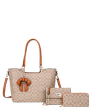 EVERY FASHION 3-Piece Tote Bag Set with Bow Charm, Crossbody, and Wallet FT-8093S