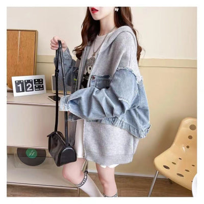 MB FASHION Oversized Knit & Denim Patchwork Hoodie Jacket – Streetwear Chic 8005LY