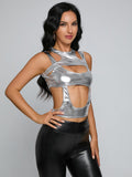 MB FASHION Metallic Cutout Crop Top with High Neck and Bold Design 5763LY