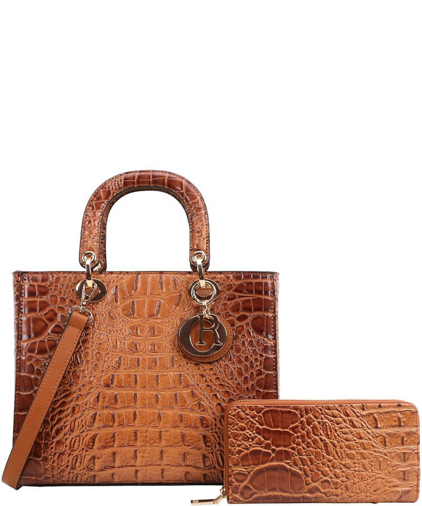 EVERY FASHION Croc Embossed Structured Handbag with Matching Wallet CY-9143W