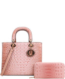 EVERY FASHION Croc Embossed Structured Handbag with Matching Wallet CY-9143W