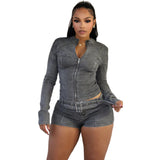 MB FASHION Denim Zip-Up Jacket and High-Waisted Shorts Set with Belt 8616LY