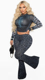 MB FASHION Sheer Leopard Mesh Crop Top & Flare Pants Set 9729