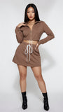 MB FASHION Zip-Up Cropped Hoodie & Drawstring Mini Skirt Two-Piece Set 6027