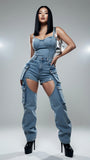 MB FASHION High-Waisted Detachable Cargo Overlay Jeans 8007LY
