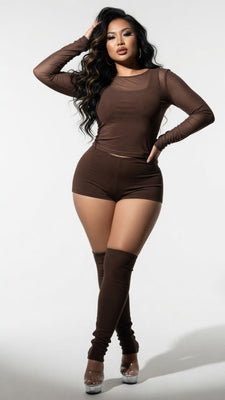 MB FASHION Sheer Mesh Top & Shorts with Leg Warmers Set 389