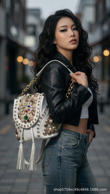 Every Fashion Embellished Rhinestone Pearl Bucket Bag