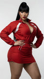 MB FASHION Long Sleeve Zip-Up Cropped Jacket & Ruched Mini Skirt Set 6012