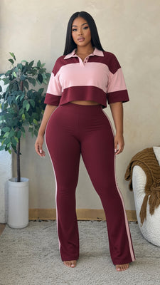 MB FASHION Two-Piece Colorblock Polo Crop and Flare Set 6036