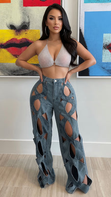 MB FASHION Sexy Cut-Out Wide Leg Denim Jeans 3112