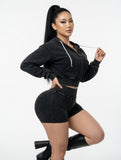MB FASHION Zip-Up Cropped Hoodie & High-Waisted Biker Shorts Matching Set 6081