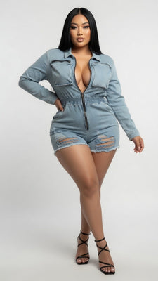 MB FASHION Light Wash Distressed Denim Romper 88589