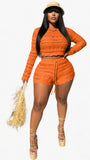 MB FASHION Two-Piece Crochet Knit Long Sleeve Top and Shorts Set 1099LY
