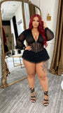 MB FASHION Sheer Mesh Long Sleeve Corset Romper with Tiered Ruffles 8207