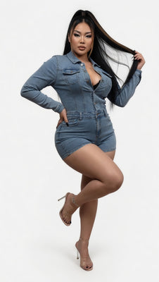 MB FASHION Long Sleeve Denim Romper Button Up Collared Jumpsuit Shorts 88538