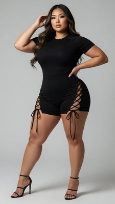 MB FASHION Short Sleeve Lace-Up Side Romper – Crew Neck Ribbed Short Jumpsuit 027