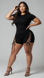 MB FASHION Short Sleeve Lace-Up Side Romper – Crew Neck Ribbed Short Jumpsuit 027