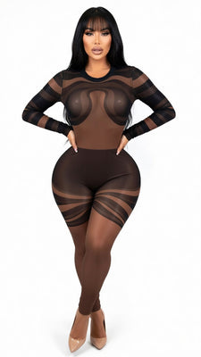 MB FASHION Sheer Striped Mesh Long Sleeve Jumpsuit 9564