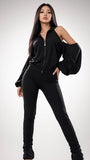 MB FASHION Cold-Shoulder Zip-Up Hoodie and Slim-Fit Pants Set 8136