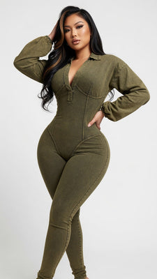 EVERY FASHION HIGH QUALITY COTTON RIBBED V-Neck Fitted Hourglass Jumpsuit MB 4102LY