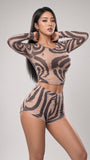 MB FASHION Long Sleeve Mesh Crop Top & Shorts Set 2665