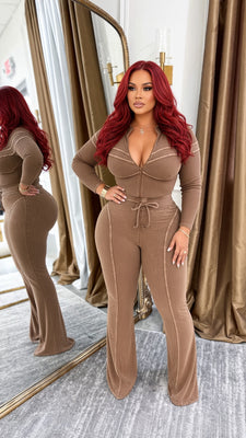 MB FASHION Women’s Ribbed Two-Piece Lounge Set - Long Sleeve Zip Crop Top & High Waist Flared Pants 8199