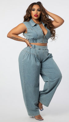 MB FASHION Two-Piece Sleeveless Zip-Up Denim Crop Top and Wide-Leg Pants Set 314LY