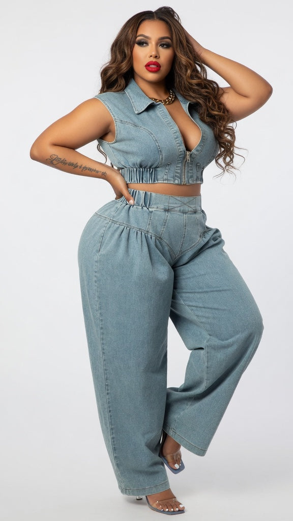 MB FASHION Two-Piece Sleeveless Zip-Up Denim Crop Top and Wide-Leg
