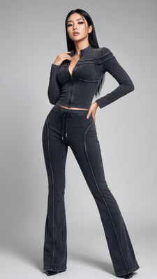 MB FASHION Women’s Ribbed Two-Piece Lounge Set - Long Sleeve Zip Crop Top & High Waist Flared Pants 8199