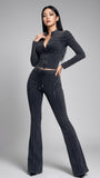 MB FASHION Women’s Ribbed Two-Piece Lounge Set - Long Sleeve Zip Crop Top & High Waist Flared Pants 8199