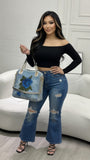 EVERY FASHION Denim Rhinestone Embroidered Floral Handbag