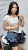 EVERY FASHION Denim Ruffle Bag – Upcycled Jean Shoulder Bag with Rhinestone Glasses Charm