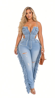 MB FASHION Denim Fringe Jumpsuit – Corset Cutout Spaghetti Strap Distressed 8206