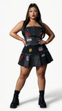 MB FASHION Denim Tube Top & Pleated Mini Skirt Set with Patches 88656