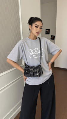 EVERY FASHION Distressed Denim Multi-Pocket Shoulder Bag with Hardware Details