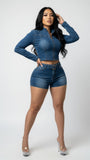 MB FASHION Long Sleeve Zip-Up Denim Jacket & High-Waisted Shorts Set 88616