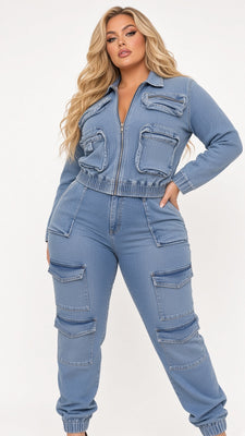 MB FASHION Denim Cargo Set – Cropped Zip Jacket and Pocket Joggers 8158