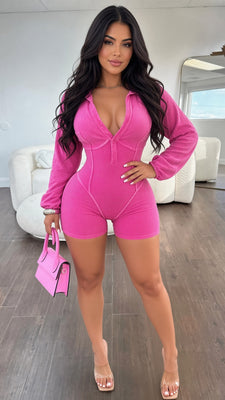 MB FASHION High Quality Ribbed Long Sleeve Collared Corset-Style Short Jumpsuit 4031
