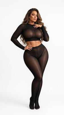 MB FASHION Sheer Mesh Mock-Neck Crop Top & High-Waist Tights Set 1477