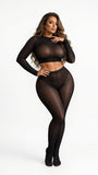MB FASHION Sheer Mesh Mock-Neck Crop Top & High-Waist Tights Set 1477