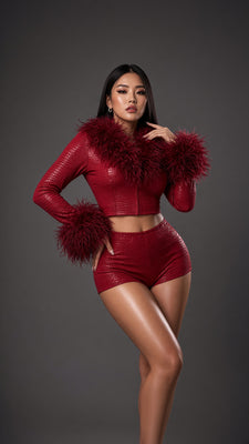 MB FASHION Faux-Fur Trim Cropped Jacket and Shorts Set 5073