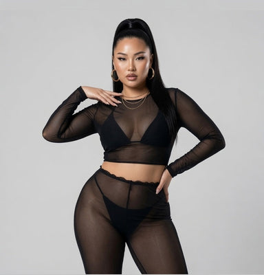 MB FASHION Sheer Mesh Long Sleeve Crop Top & High 2616