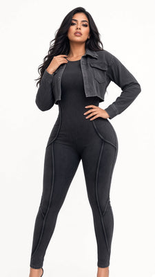 MB FASHION Two-Piece Fitted Jumpsuit and Cropped VINTAGE WASH Jacket Set 6329