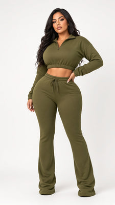MB FASHION Cropped Quarter-Zip Lounge Set with Drawstring Pants 5069