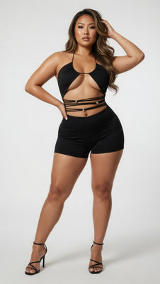 MB FASHION Halter Cut-Out Romper – Strappy Waist Short Jumpsuit 173