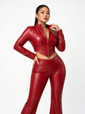 MB FASHION Faux Leather Set – Cropped Zip Jacket and Flare Pants