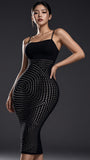 MB FASHION Black Spaghetti Strap Laser-Cut Spiral Mesh Bodycon Midi Dress 7117