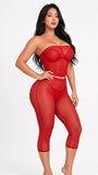 MB FASHION Sheer Mesh Strapless Bandeau Crop Top & Matching Capri Pants Two-Piece Set 1495